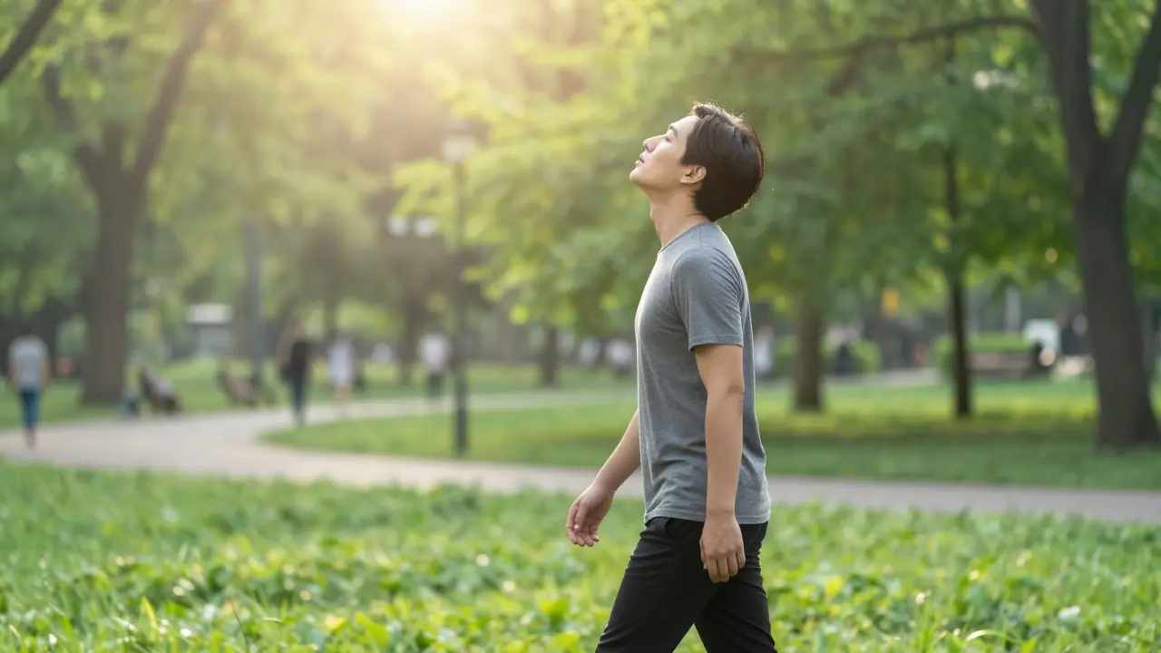 Člověk procházející se v ranním slunci v zeleném parku pro regeneraci.