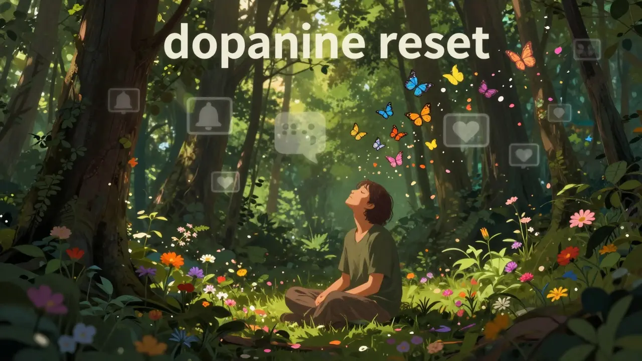 Člověk v lese vnímající jednoduché radosti přírody během dopaminového detoxu.