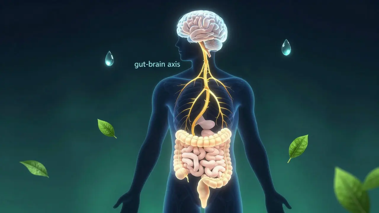 Ilustrace propojení mezi zdravým střevem a mozkem skrze bludný nerv.