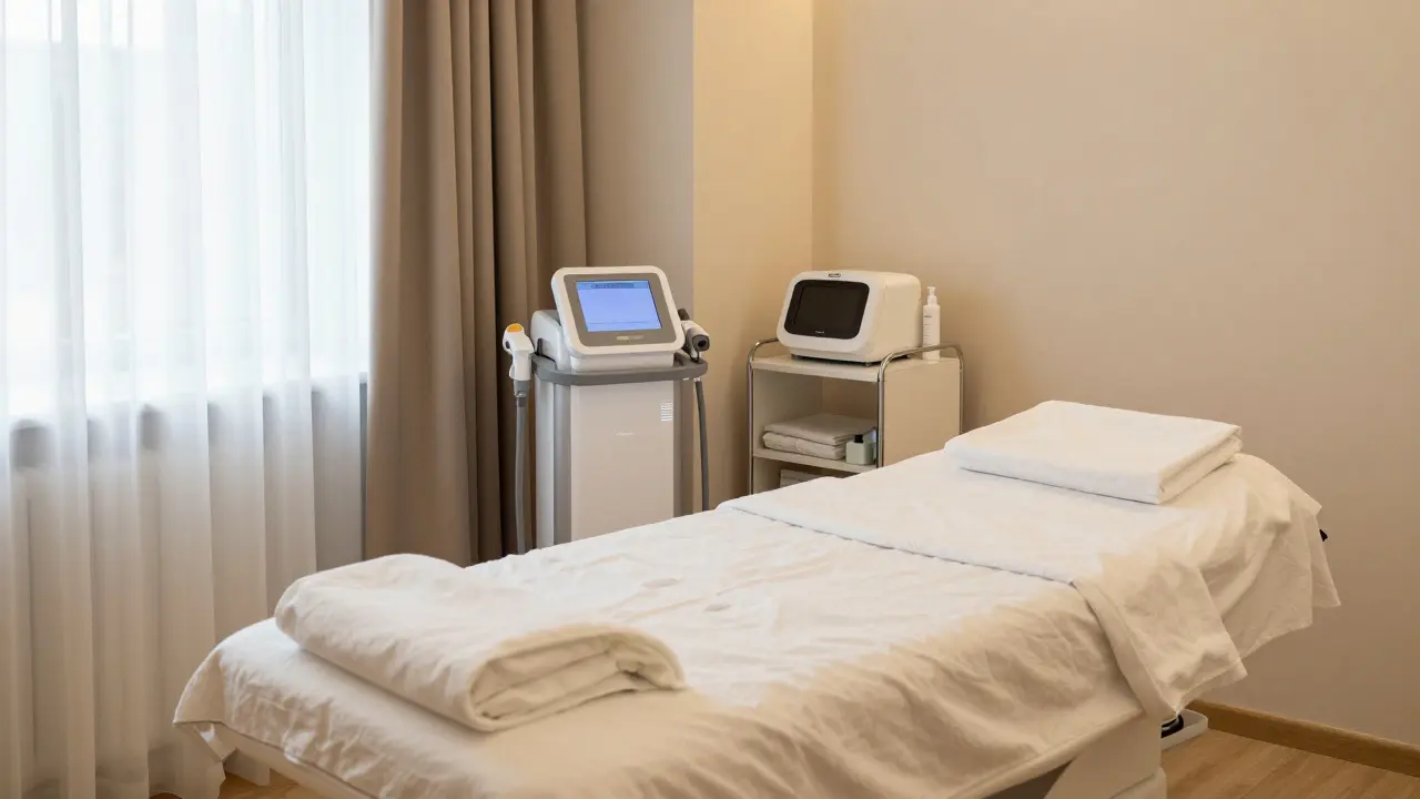 Interiér moderního a sterilního kosmetického salonu s vybavením pro ošetření pleti.