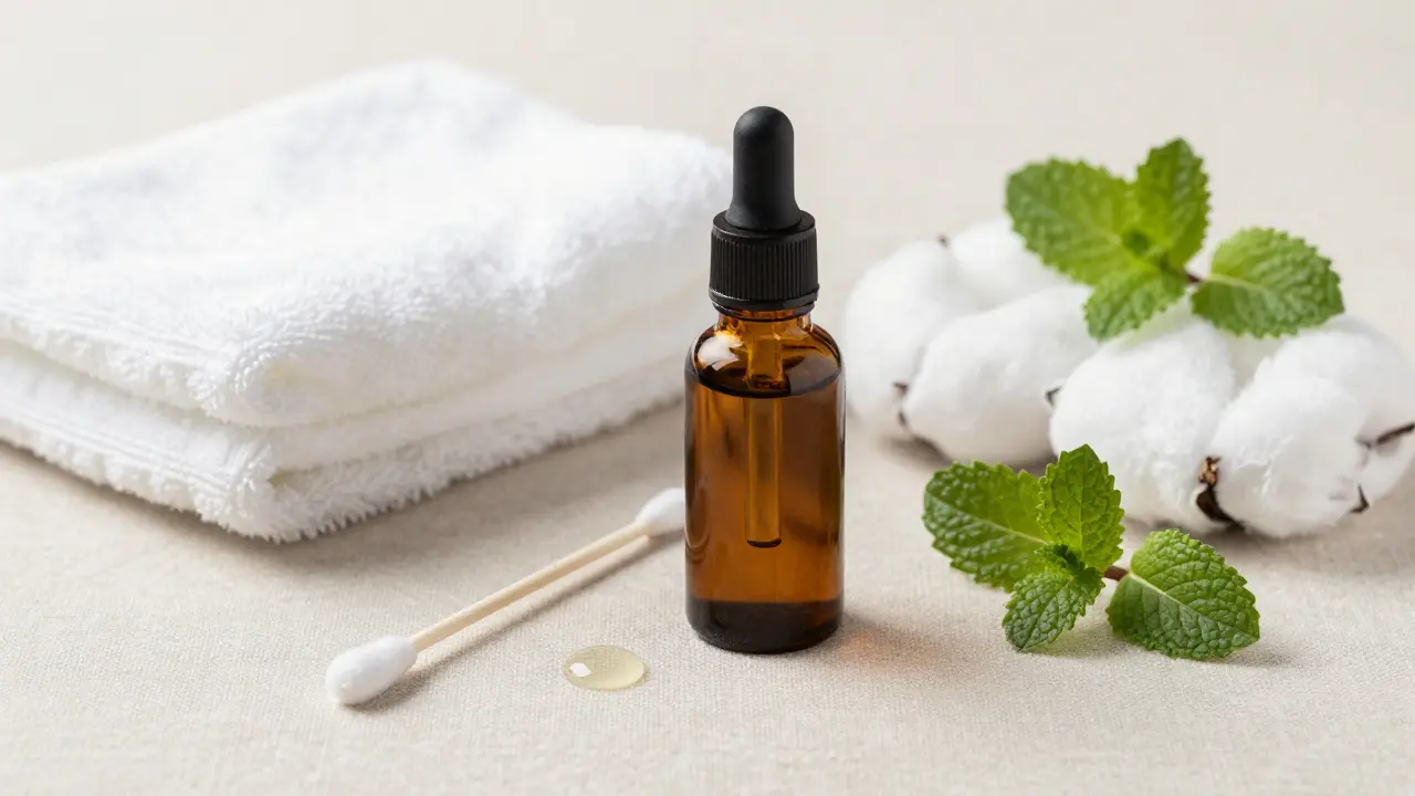 Kapička oleje z čajovníku na vatové tyčince vedle hnědé lahvičky a bílého ručníku.