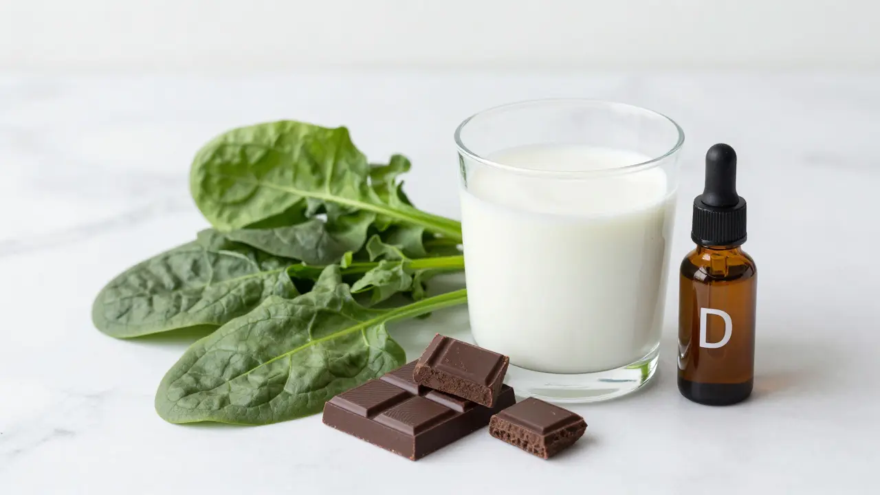 Kefír, hořká čokoláda a špenát vedle kapek vitamínu D na mramorovém stole.