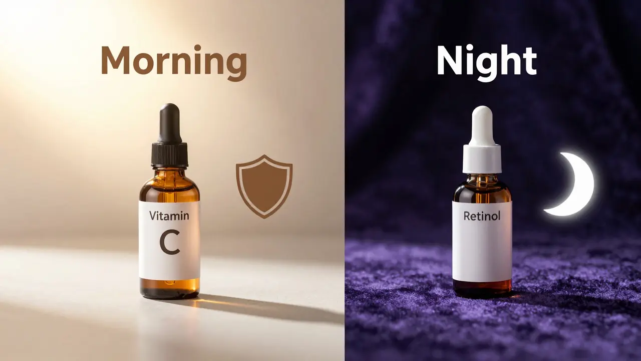 Koncept ranní ochrany s vitamínem C a noční regenerace s retinolem.