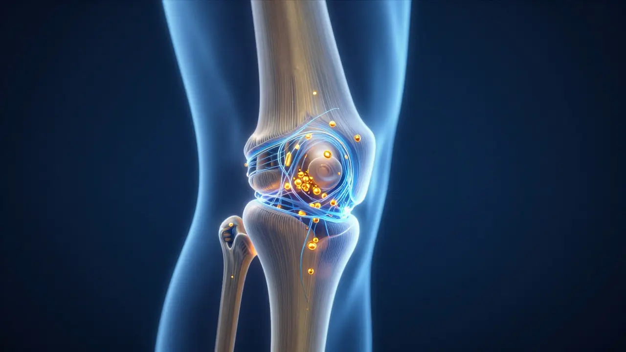 Konceptuální 3D vizualizace regenerace kolagenu v kloubní chrupavce.