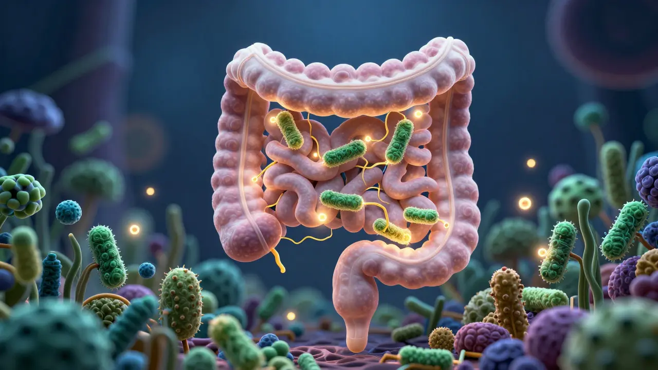 Konceptuální ilustrace zdravého střevního mikrobiomu s probiotiky a prebiotiky.