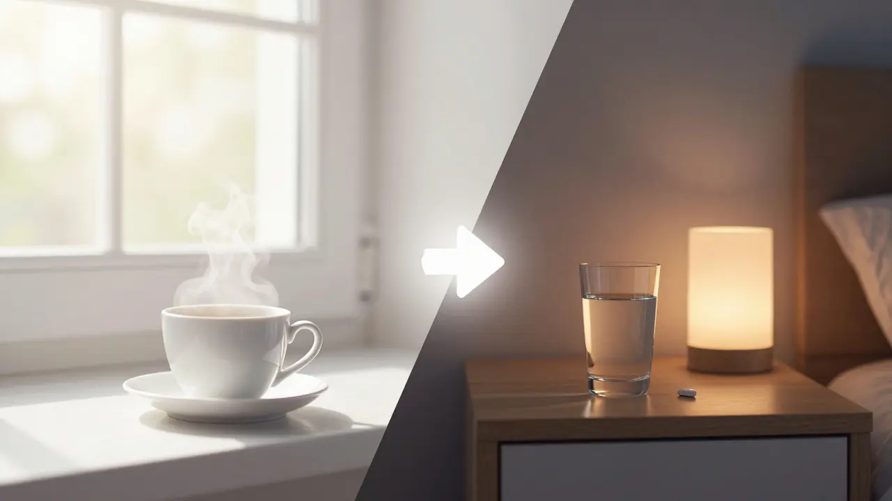 Konceptuální obraz znázorňující volbu mezi ranním a večerním užitím léku.