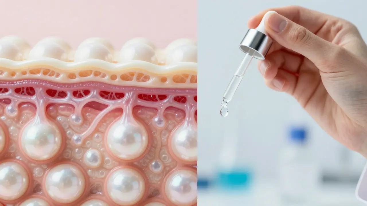 Konceptuální zobrazení buněčné struktury kůže a aplikace profesionálního séra.