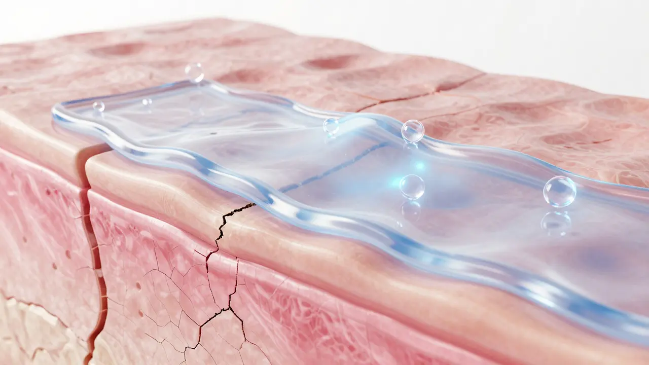 Konceptuální zobrazení hydratačního gelového filmu na povrchu pokožky.