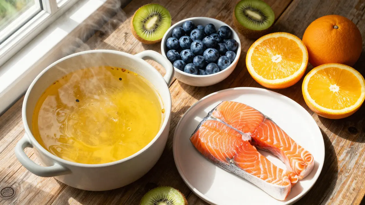 Kulinářské various zdrojů kolagenu: kostní vývar, losos a plody bohaté na vitamín C.