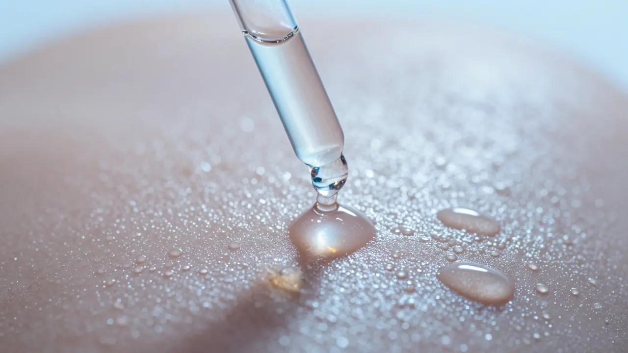 Makro detail kapky hyaluronového séra dopadající na vlhkou pleť.