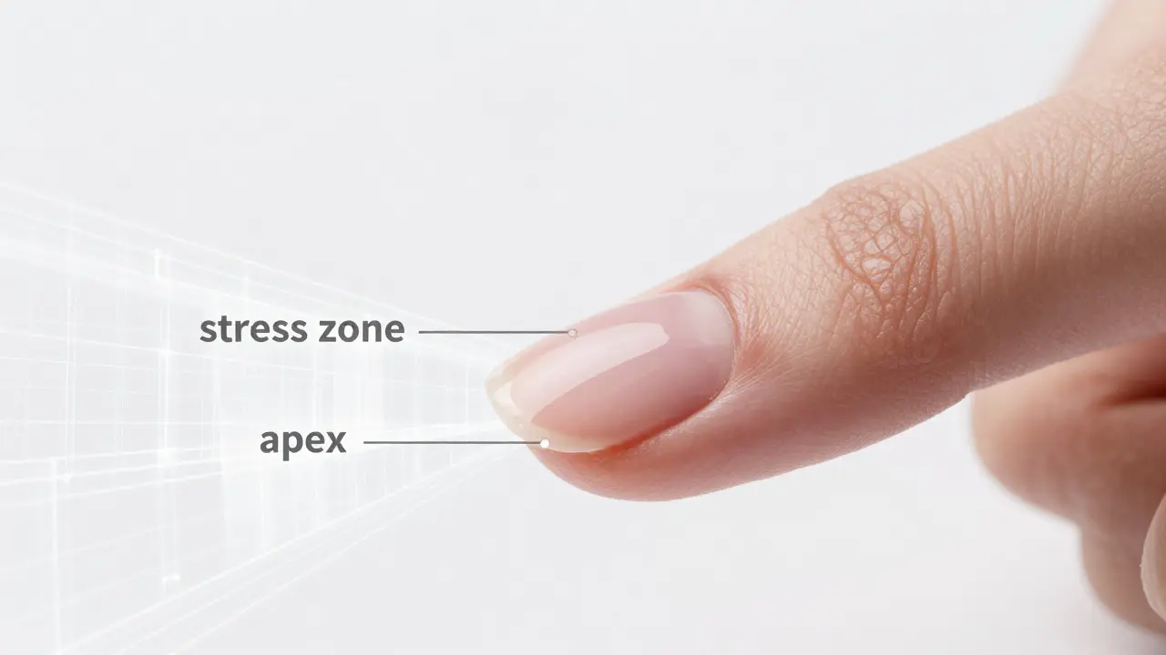 Makro detail nehtu s technickou mřížkou znázornující strukturu stresové zóny.