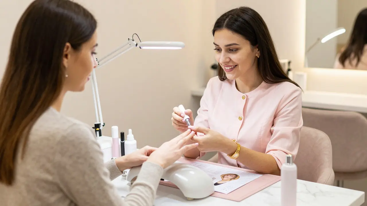 Manikureřka v luxusním salonu vysvětluje klientce detaily péče o nehty.