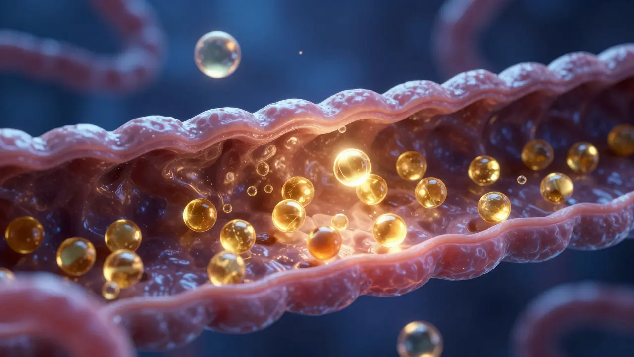 Mikroskopická vizualizace vstřebávání vitamínu D pomocí tukových micel v střevě.