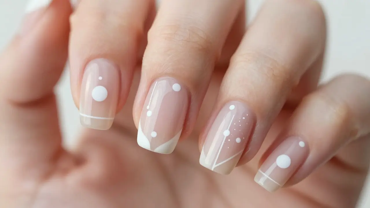 Minimalistický design nehtů s bílými tečkami a geometrickými liniemi.