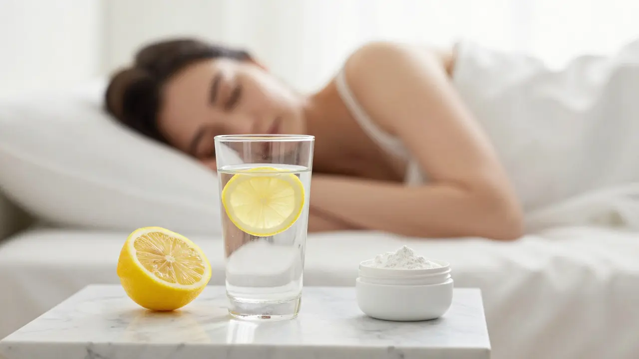Ranní rituál s vodou s citronem a kolagenem vedle spící osoby v prosvětlené ložnici.