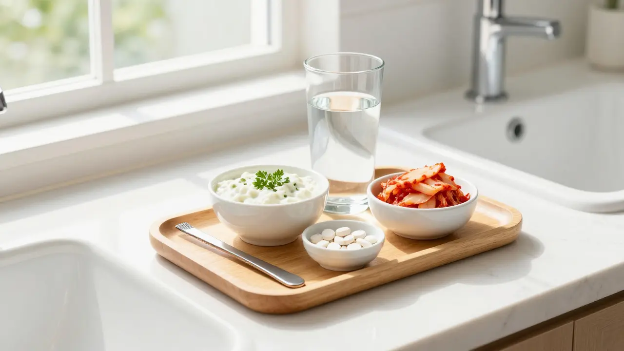 Sada pro péči o ústa s kovovým stěrkem na jazyk a fermentovanými potravinami.