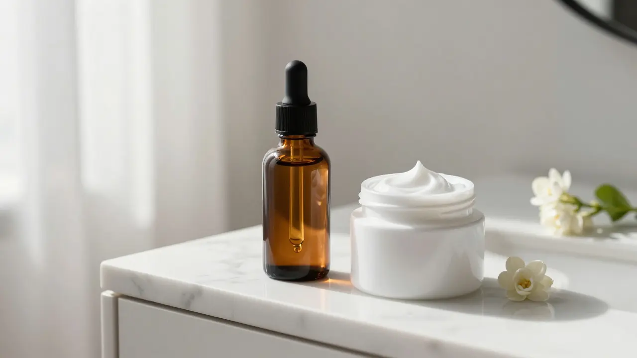 Sérum v lahvičce z tmavého skla a hydratační krém na mramorovém stole.