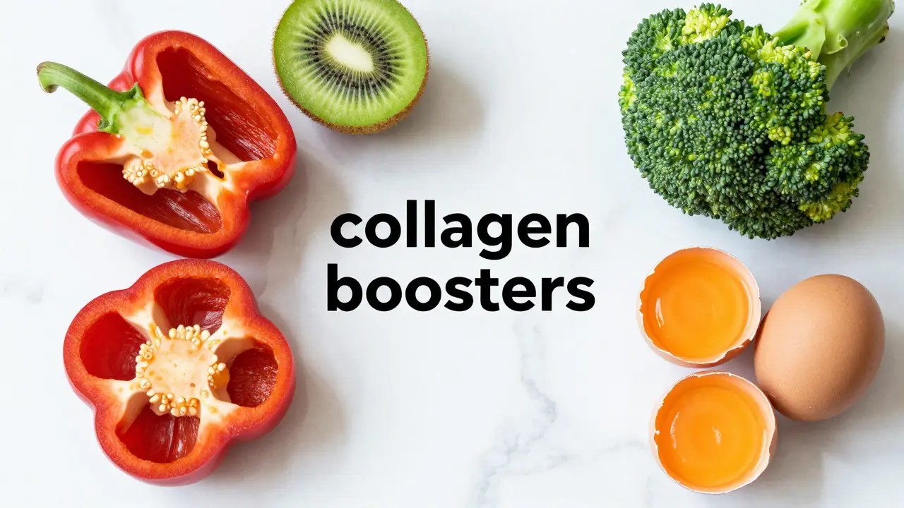 Složení potravin bohatých na vitamín C a vejce na mramorovém povrchu.