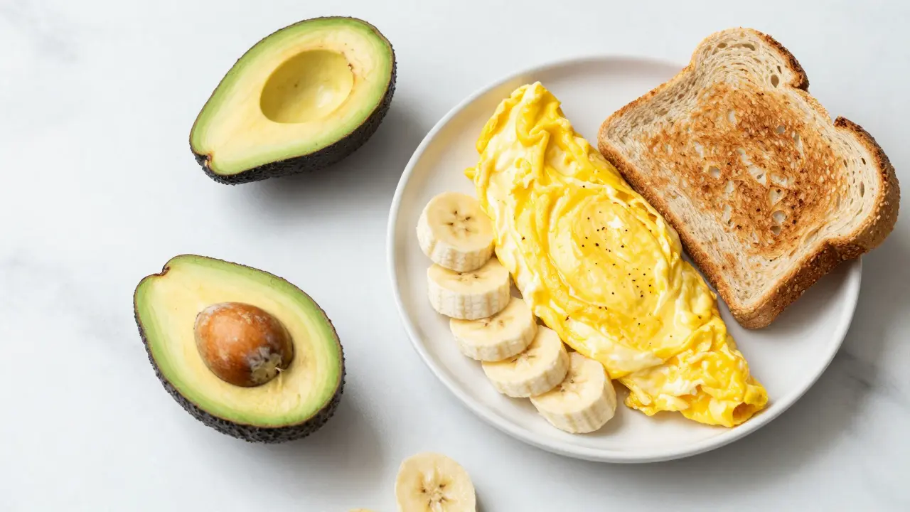 Snídaně s banánem, avokádem, omeletou a celozrnným toastem na bílém stole.
