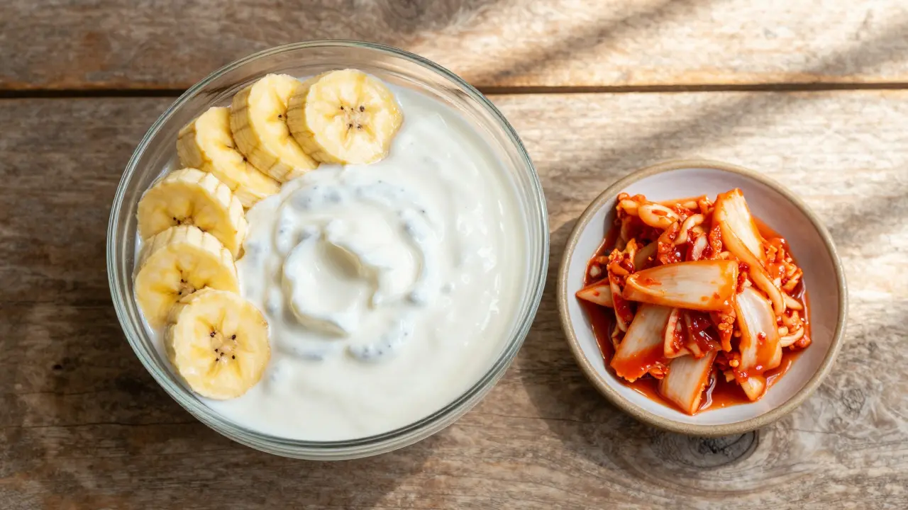 Snídaně s kefírem, banánem a kimchi pro podporu zdravého střeva.