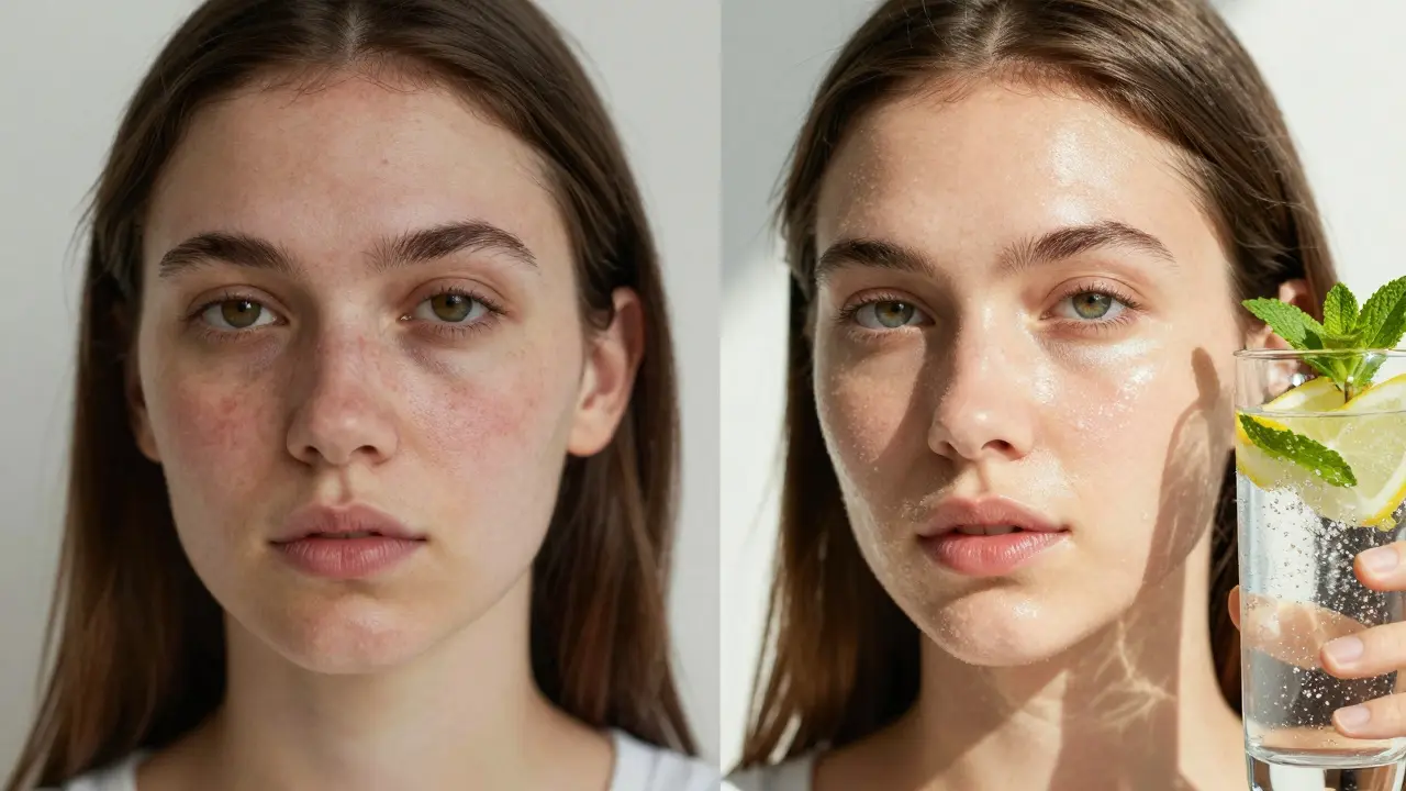 Srovnání plete líců před a po detoxikaci s osvěžující vodou s citronem a mátou.