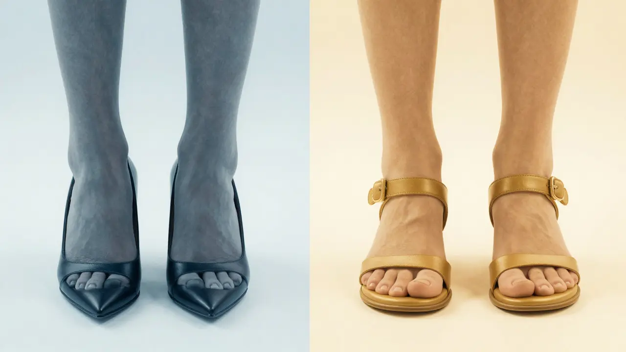 Srovnání úzkých nepohodlných bot a širokých anatomických sandálů.
