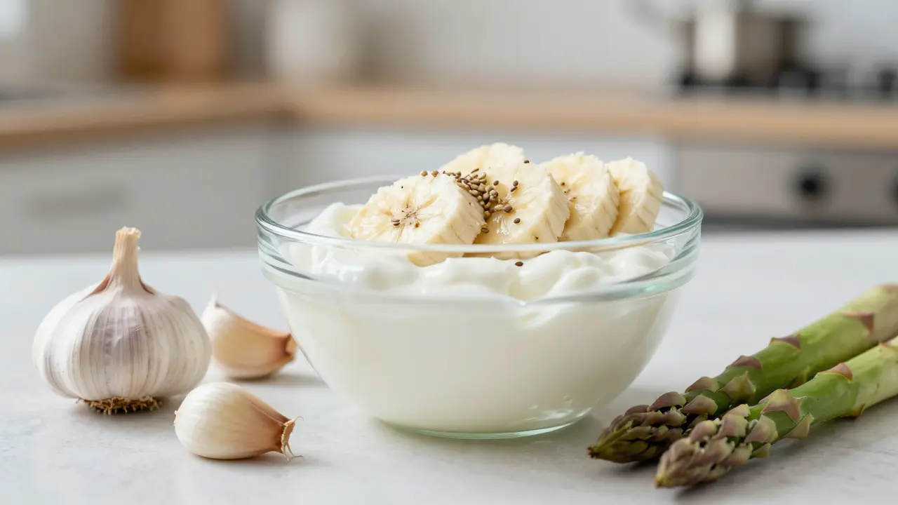 Zdravá snídaně s jogurtem, banány a prebiotickou zeleninou pro podporu trávení.