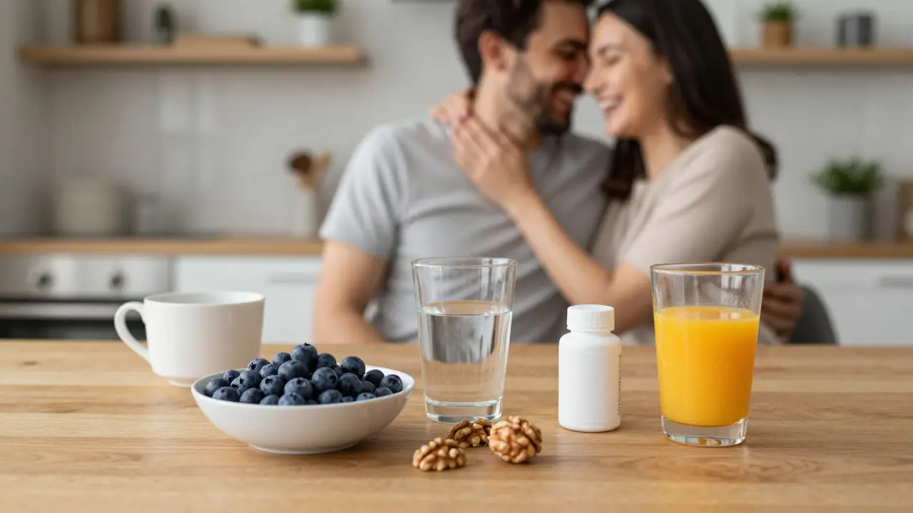 Zdravá snídaně s ořechy a doplňky stravy s heureux párem v pozadí.