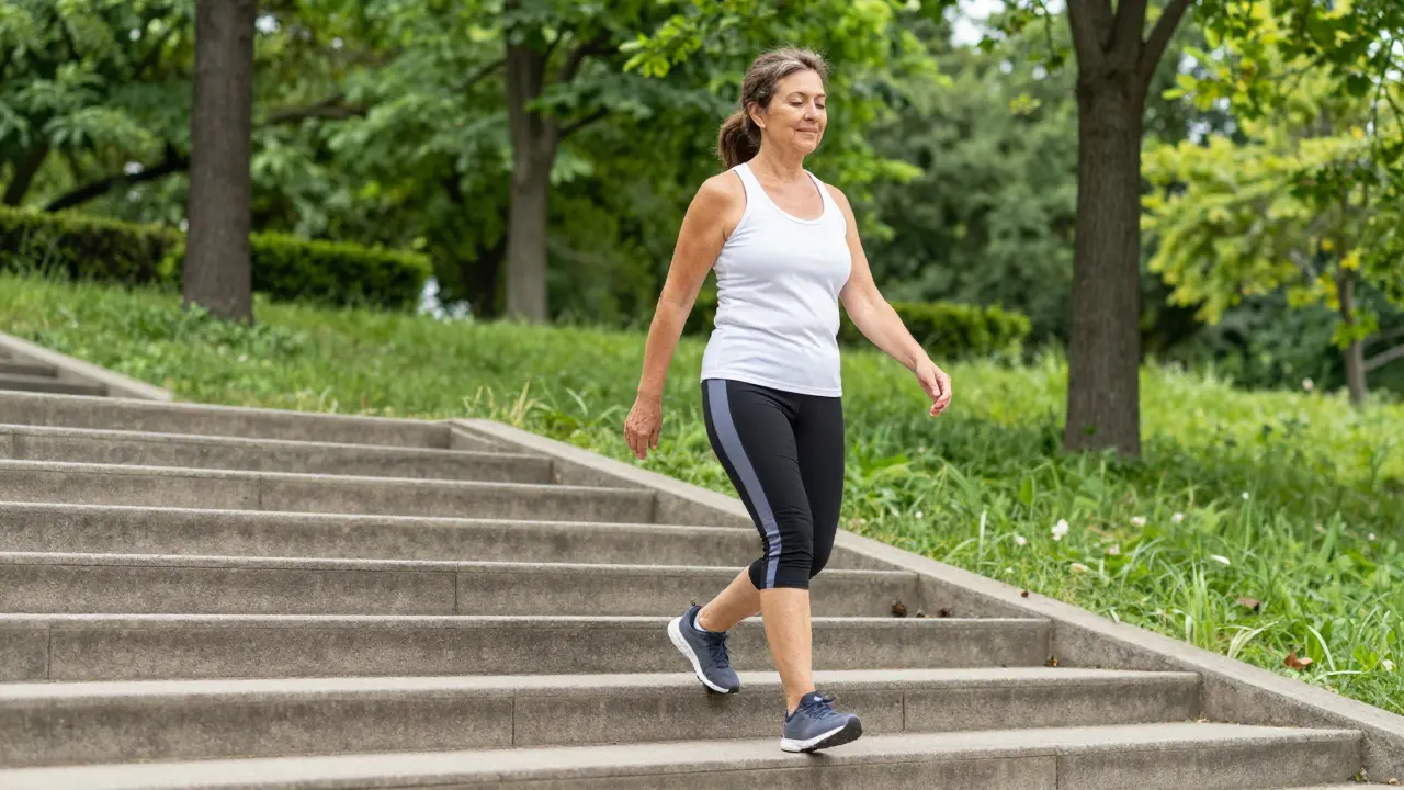 Žena v sportovním oblečení energicky vychozí schody v parku.