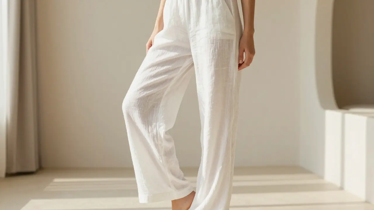 Žena v volných bílých lněných kalhotách, které nedráždí pokožku.