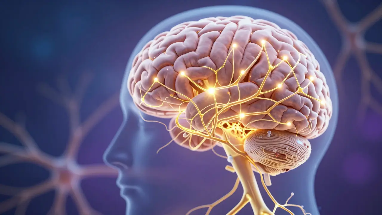 Abstraktní ilustrace nervového systému a mozku s zářícími zlatými neurony symbolizujícími funkci vitamínu B6.