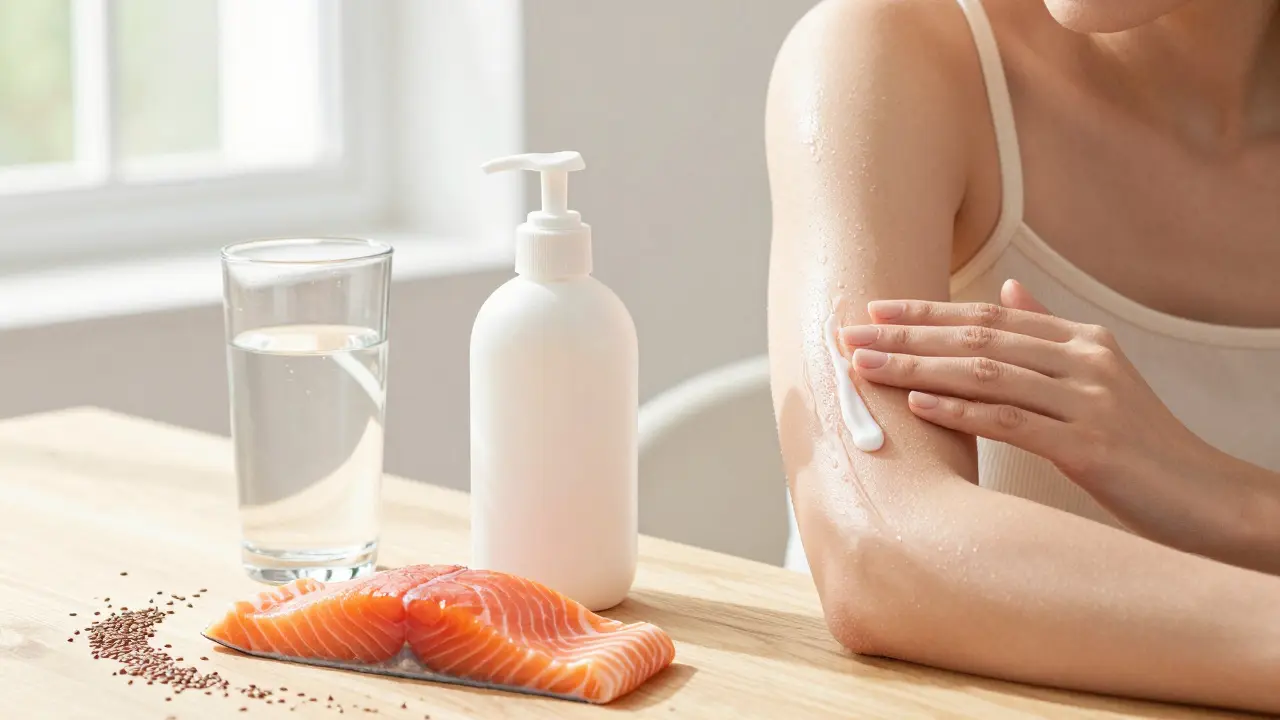 Aplikace hydratačního krému vedle přírodních potravin