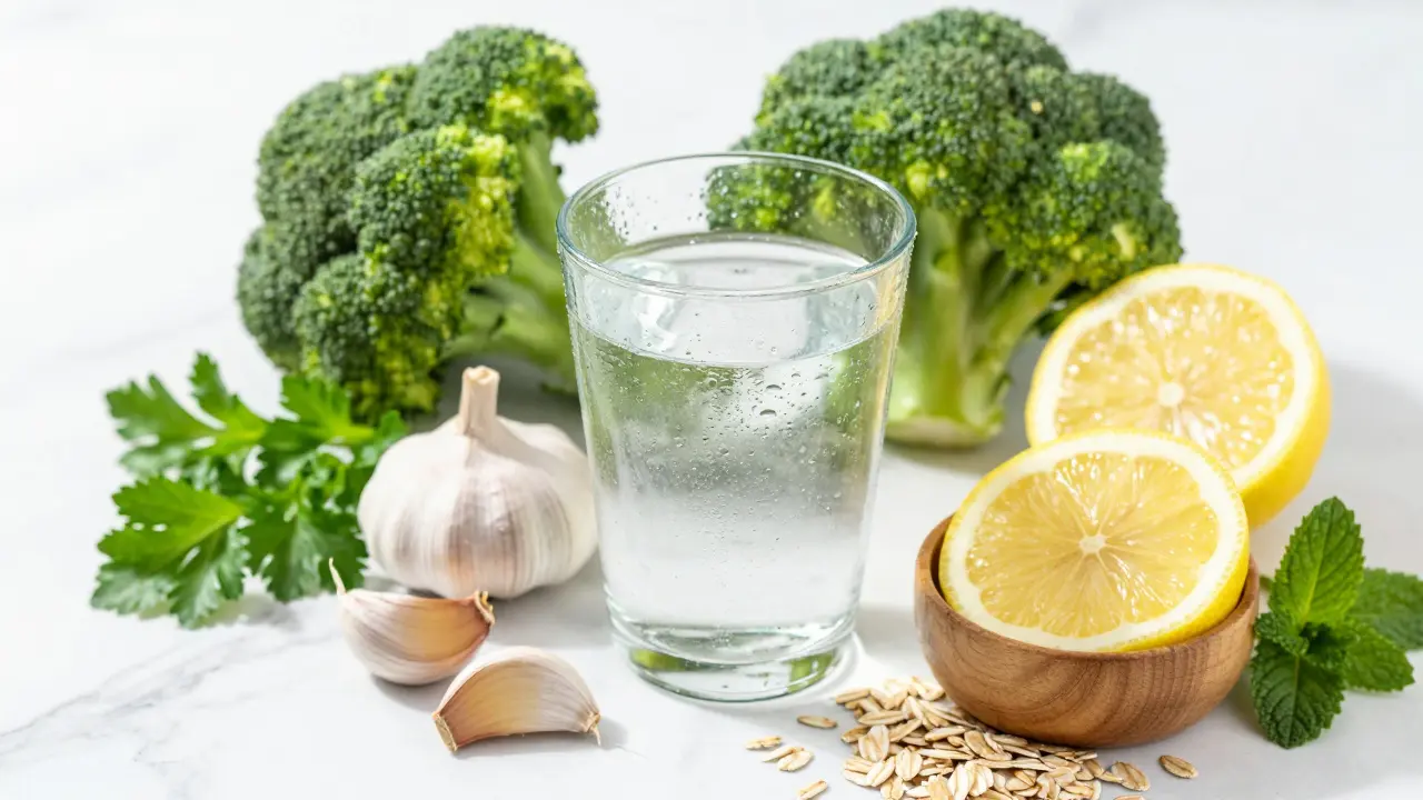 Čerstvé potraviny podporující detoxikaci jater, včetně brokolice, citronů, česneku a sklenice vody na bílém mramoru.