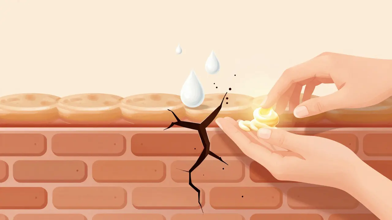 Ilustrace kožní bariéry jako zdi s prasklinami, kterou opravuje krém