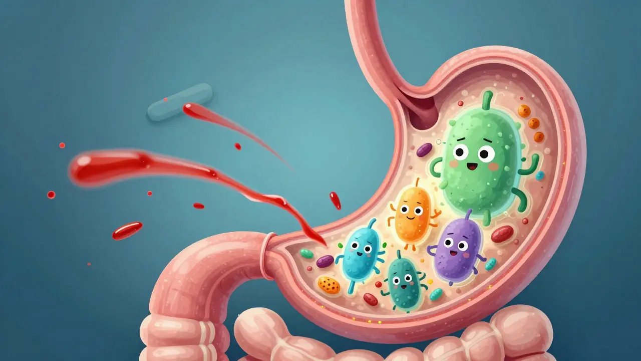 Ilustrace střev ukazuje bakterie chráněné jídlem před kyselinou v žaludku.