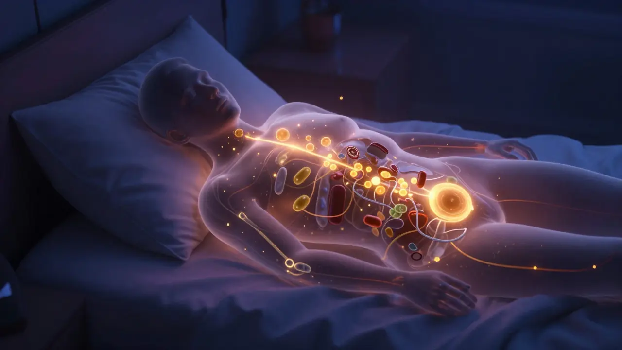 Konceptuální ilustrace spalování tuků a regenerace těla během spánku