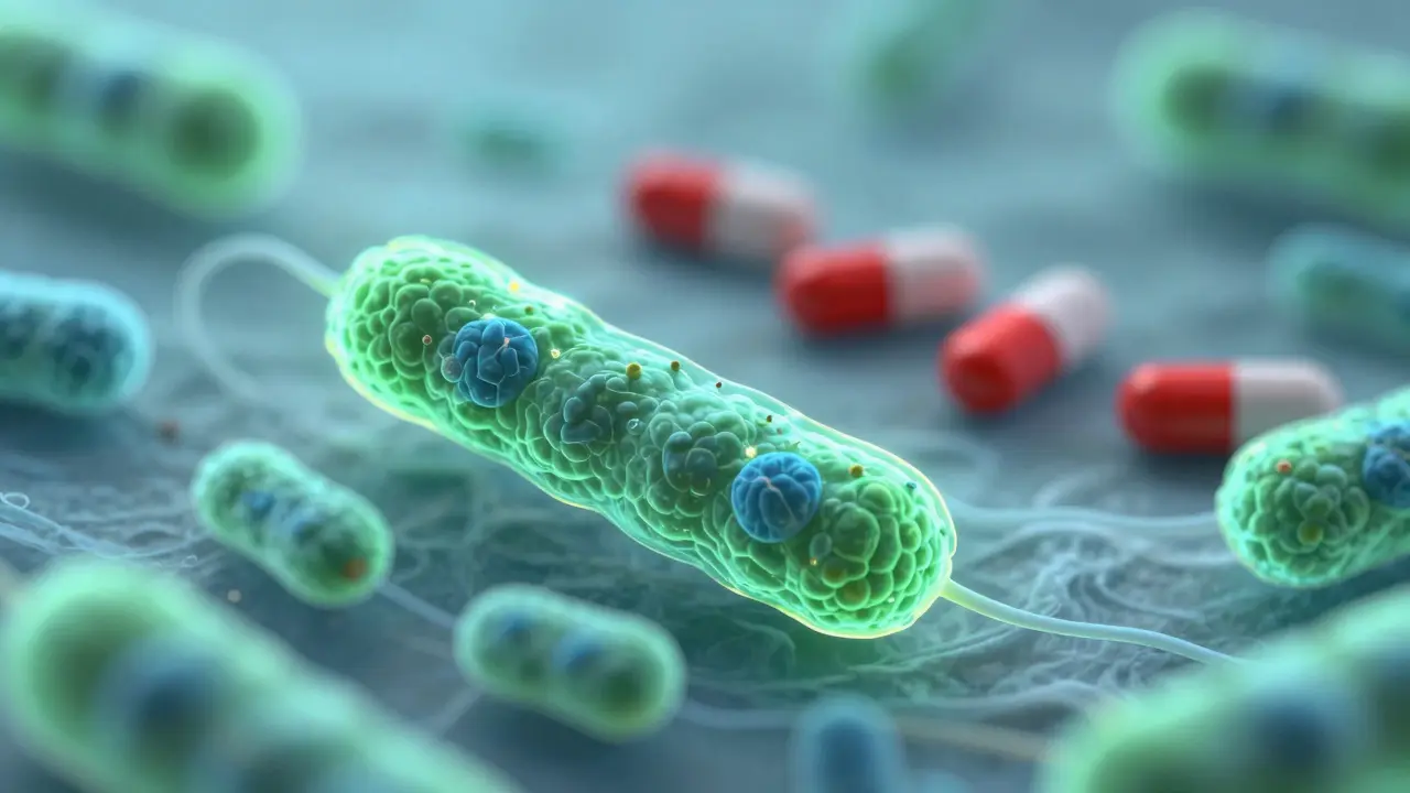 Konceptuální zobrazení prospěšných bakterií oddělených od antibiotik v trávicím ústrojí