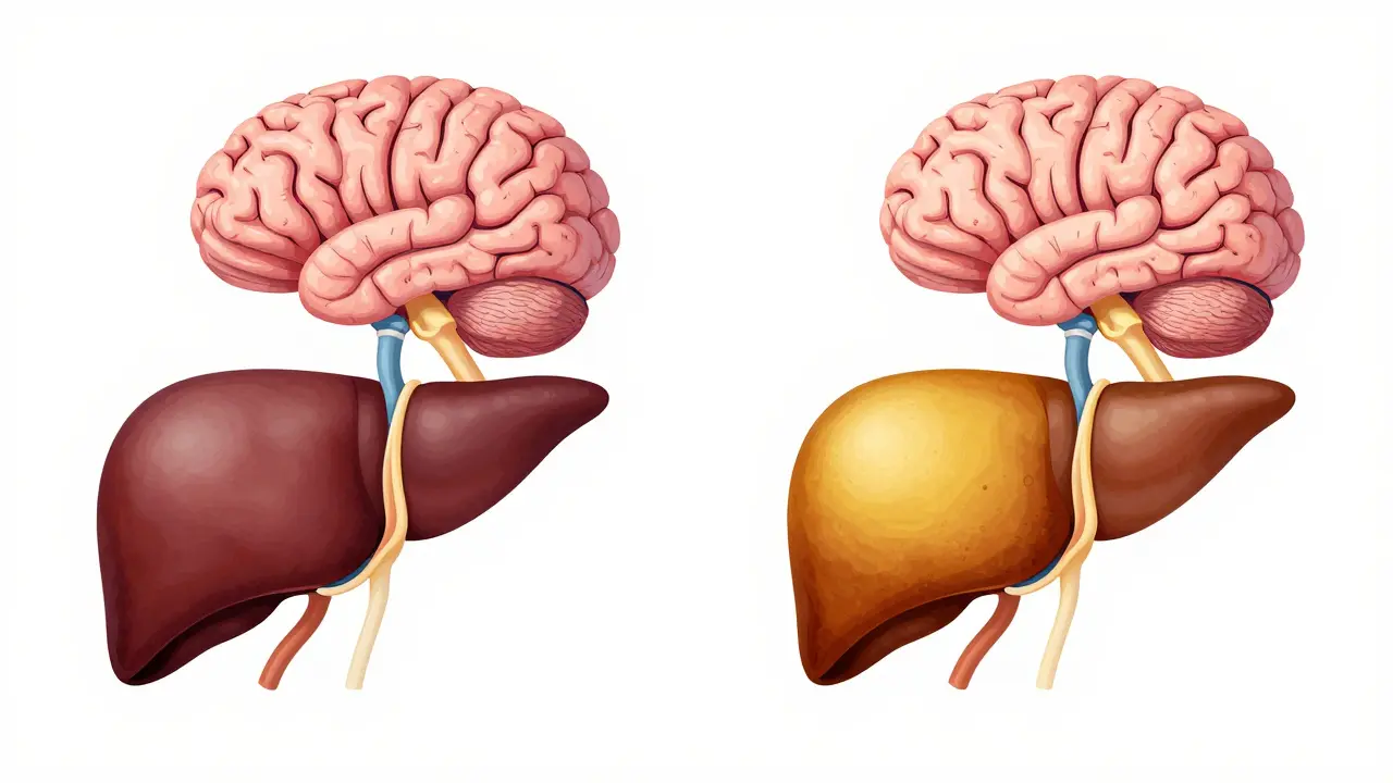 Medická ilustrace ukazující poškození jater a mozku způsobené dlouhodobým pitím alkoholu