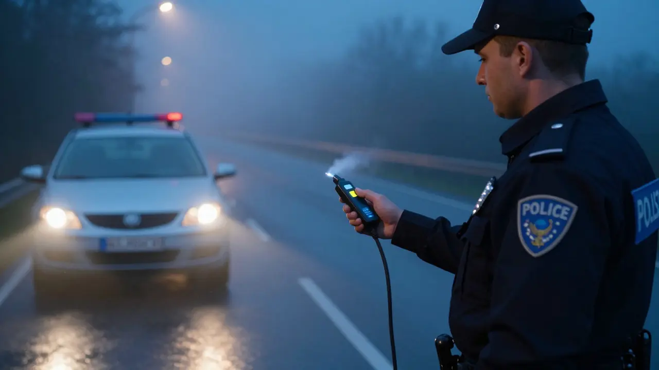 Policejní dýchací zkouška u auta v noci