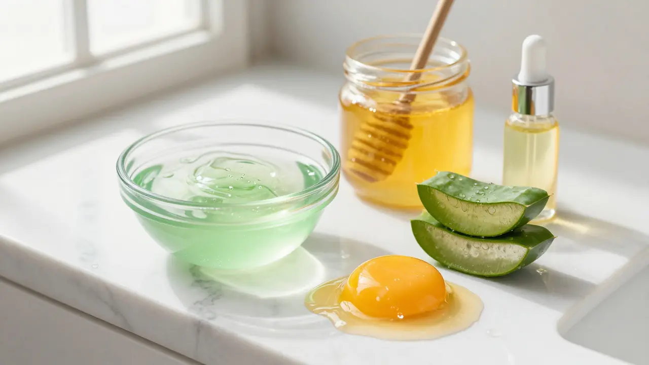 Přírodní ingredience pro hydrataci vlasů: aloe vera, med, vejce a glycerin na mramoru