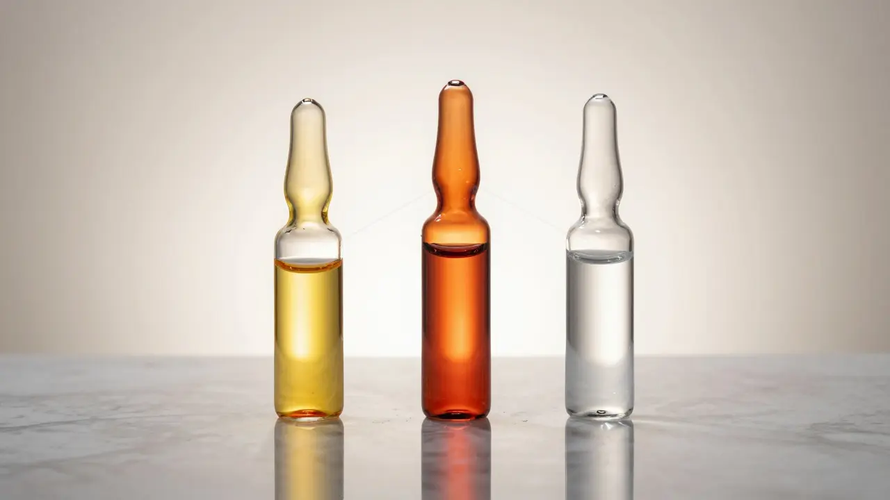 Tři lahvičky se séry představující synergii vitamínů pro pleť