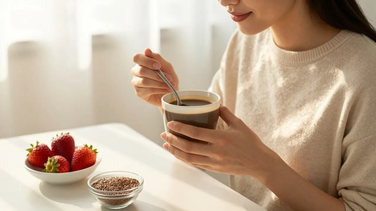 Žena pije kávu s kolagenem při snídani s ovocem bohatým na vitamín C