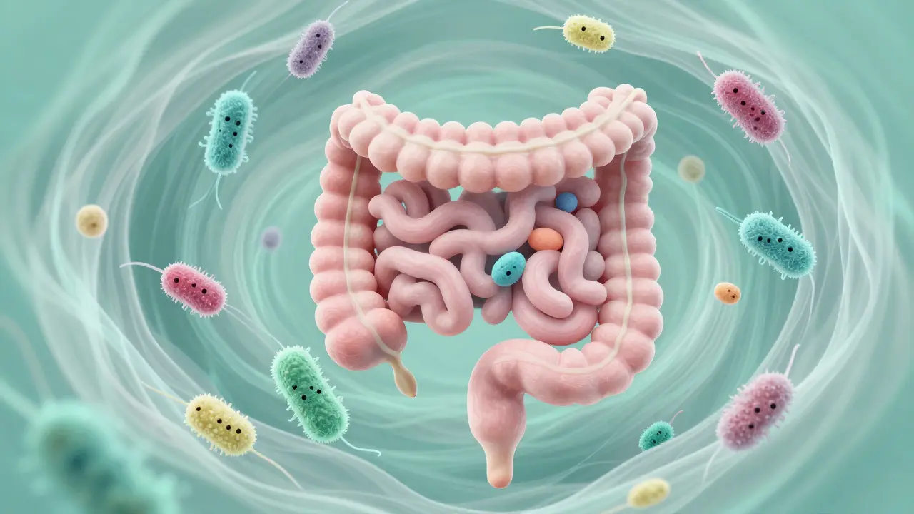Abstraktní zobrazení vyváženého střevního mikrobiomu