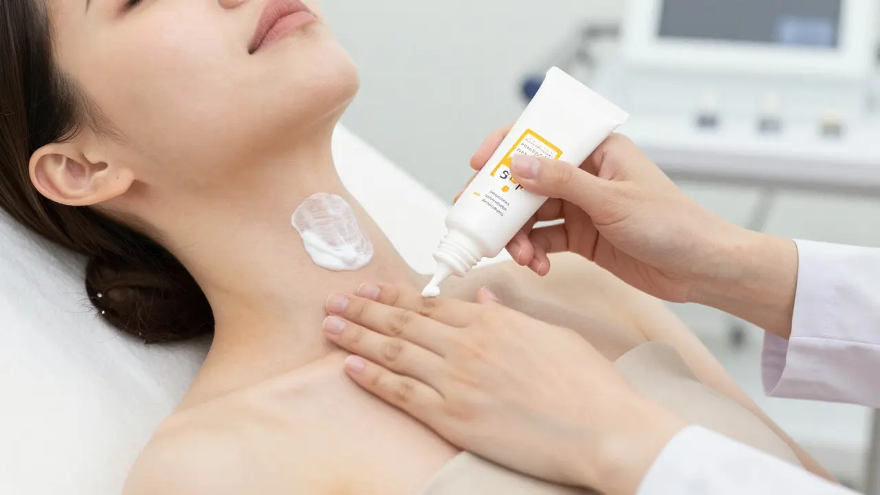 Dermatolog aplikuje krém na krk a dekolt pacienta