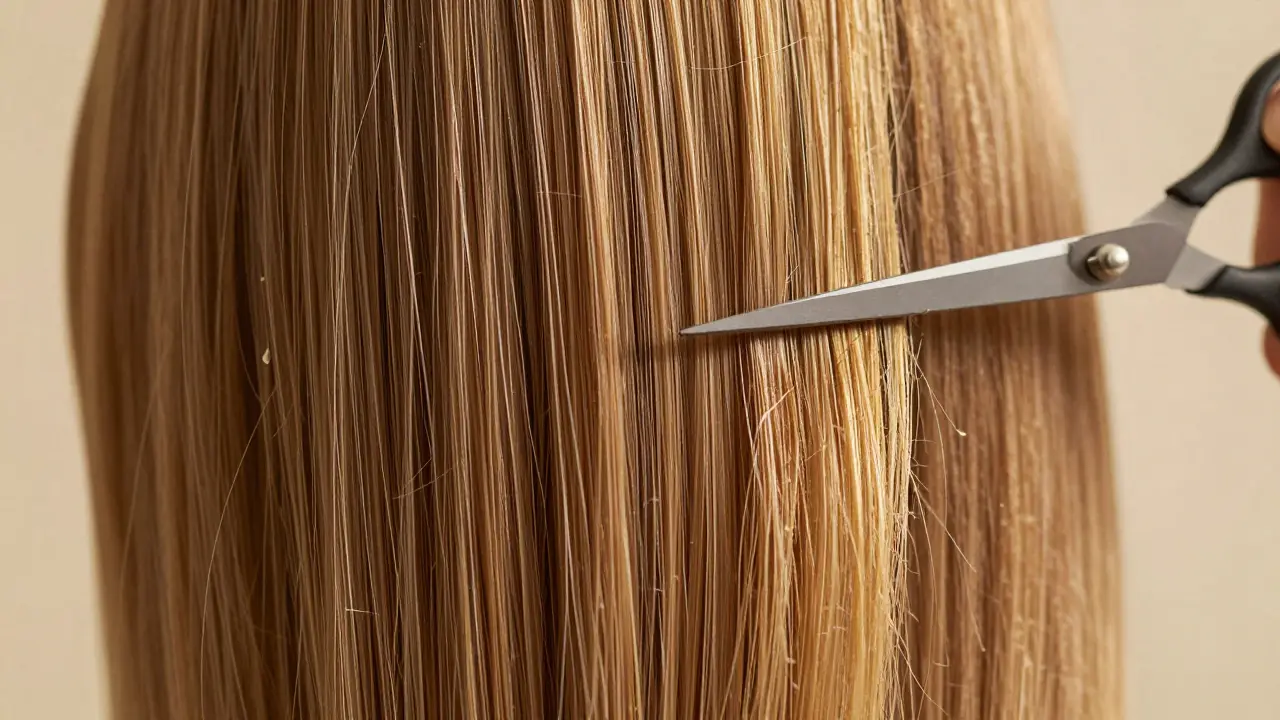 Detail zdravých vlasů a stříhání roztřepených konců
