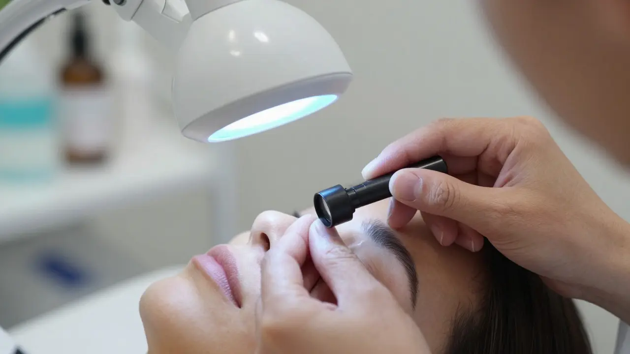 Detailní diagnostika pleti pomocí lupy a Woodovy lampy