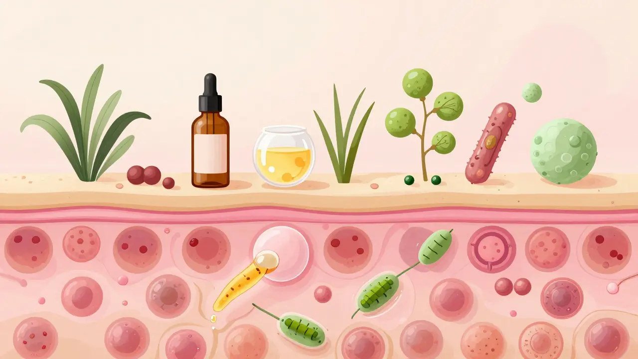 Ilustrace zdravé kůže s mikrobiomem a živinami z organické kosmetiky