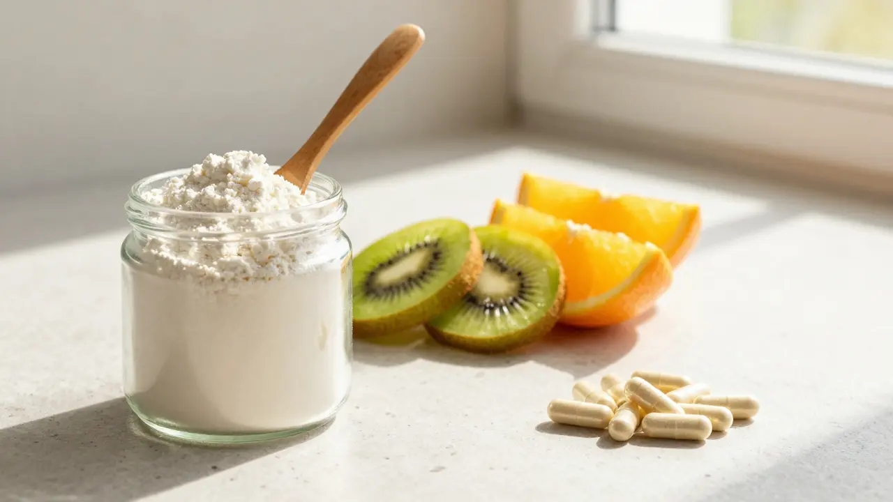 Kolagenový prášek, kapsle a vitamín C na kamenném povrchu