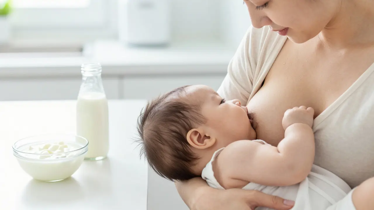 Matka kojící dítě s jogurtem a kefírem na kuchyňském pultu v pozadí