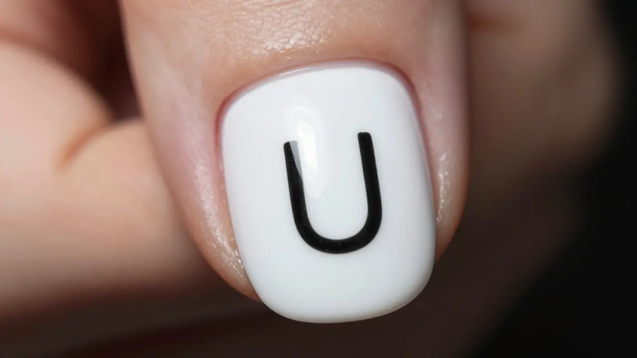 Minimalistický nail art s černým písmenem U na bílém nehtu